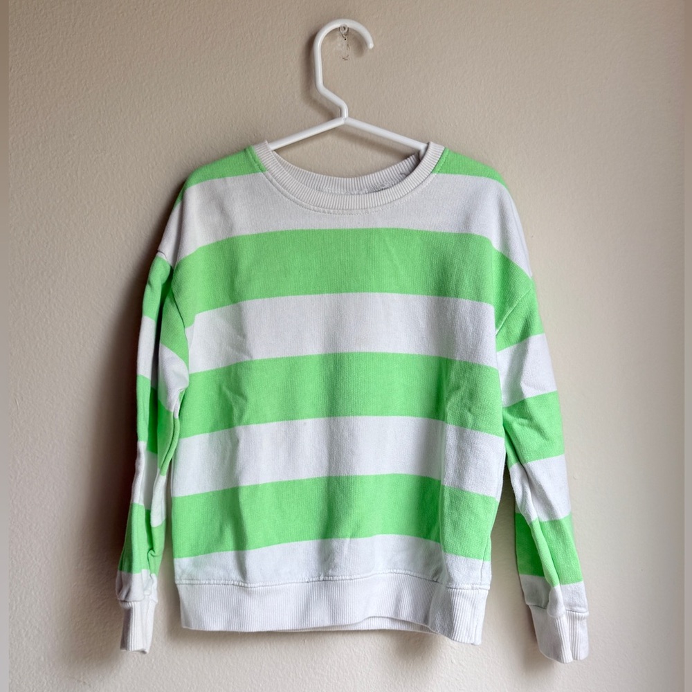 Zara Kids Unisex Neon Green and White Striped Crewneck Sweatshirt 5T